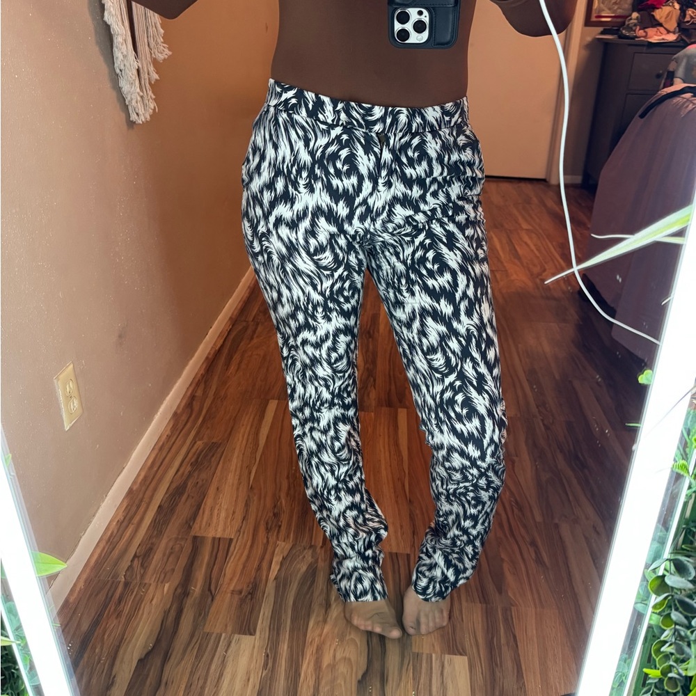 Derek Lam Black and White Patterned Silk Straight Leg Pants